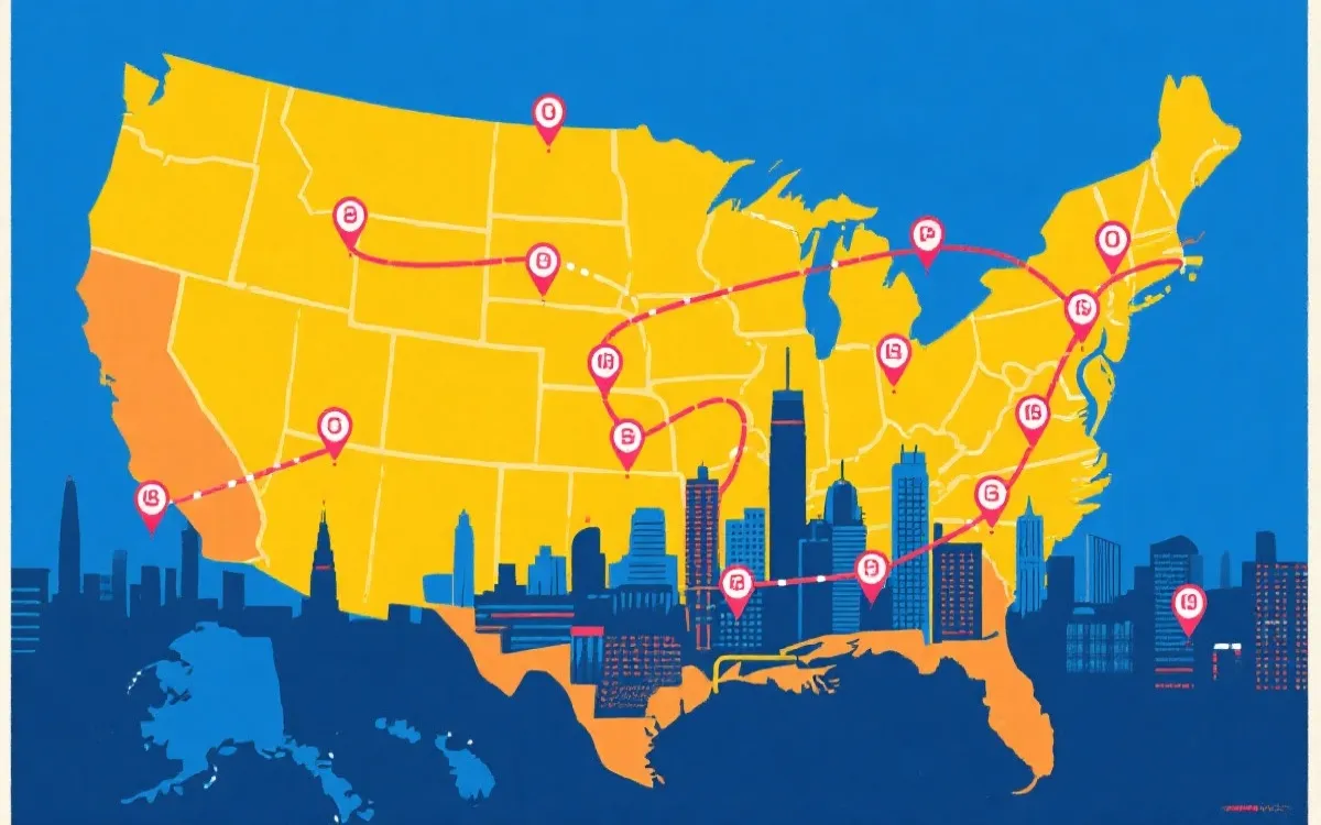 北美三国地图上标注多座世界杯城市与连线的赛程流动示意图