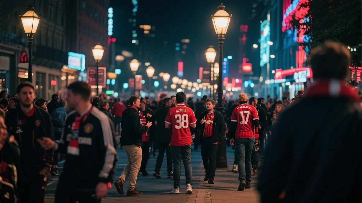 球迷在城市夜景中步行与赛后聚会的氛围
